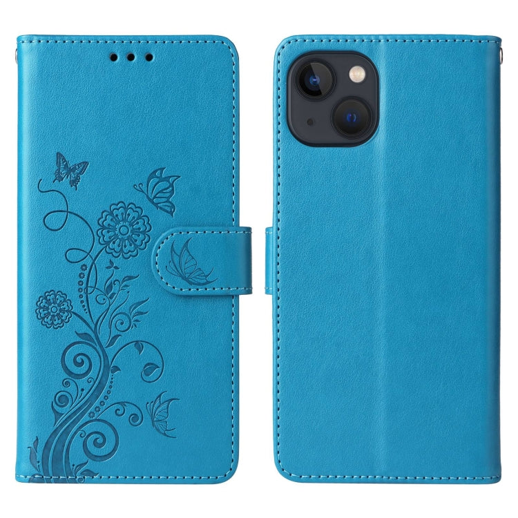 For iPhone 14 Plus Embossed Butterfly Flowers Leather Phone Case