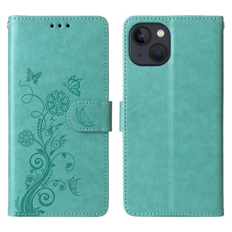 For iPhone 14 Embossed Butterfly Flowers Leather Phone Case
