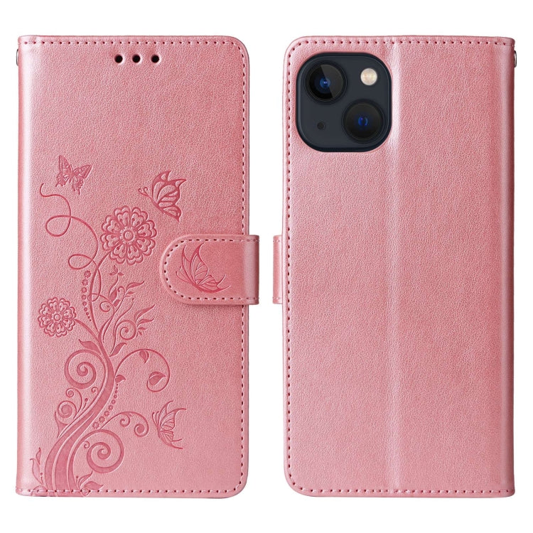 For iPhone 14 Embossed Butterfly Flowers Leather Phone Case