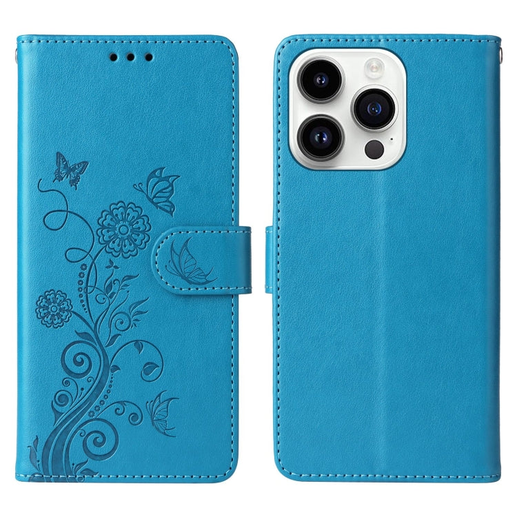 For iPhone 14 Pro Embossed Butterfly Flowers Leather Phone Case