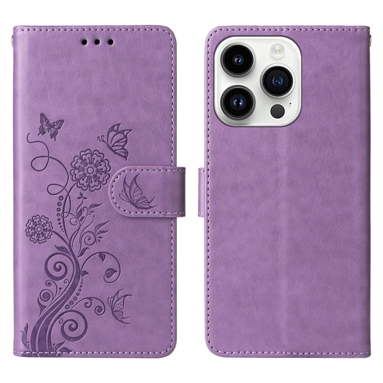 For iPhone 14 Pro Max Embossed Butterfly Flowers Leather Phone Case
