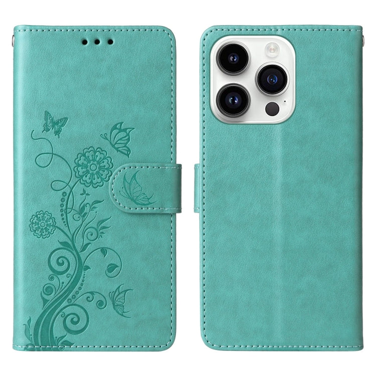 For iPhone 14 Pro Max Embossed Butterfly Flowers Leather Phone Case