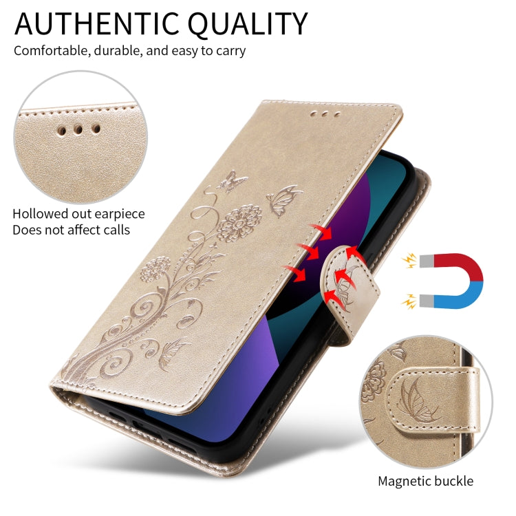For iPhone 13 mini Embossed Butterfly Flowers Leather Phone Case