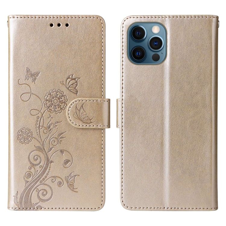 For iPhone 12 / 12 Pro Embossed Butterfly Flowers Leather Phone Case