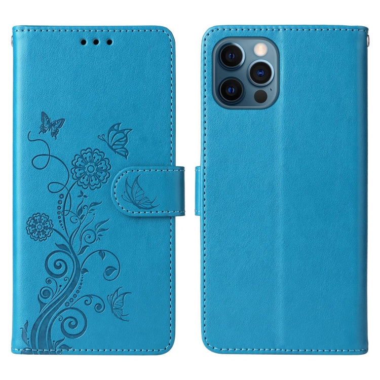 For iPhone 12 / 12 Pro Embossed Butterfly Flowers Leather Phone Case