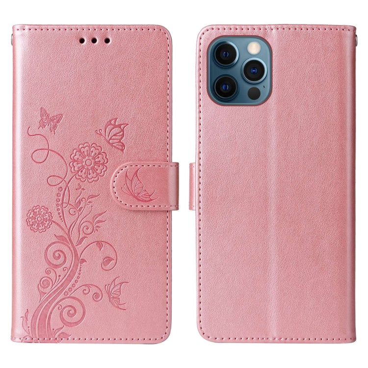 For iPhone 12 / 12 Pro Embossed Butterfly Flowers Leather Phone Case