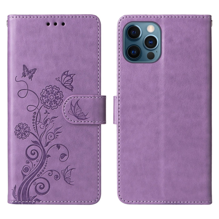 For iPhone 12 Pro Max Embossed Butterfly Flowers Leather Phone Case