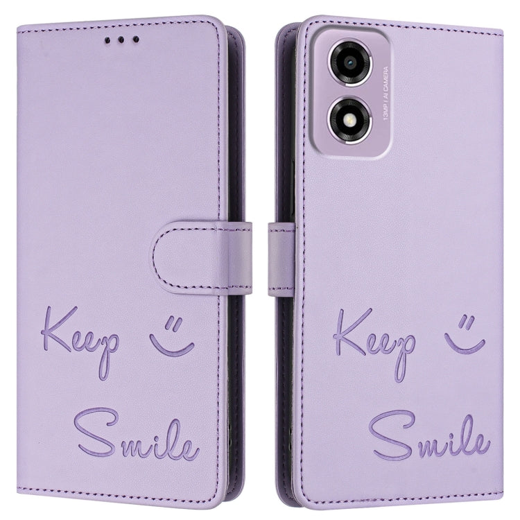 For Motorola Moto E14 Smile Embossing RFID Leather Phone Case
