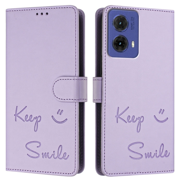 For Motorola Moto G85 Smile Embossing RFID Leather Phone Case
