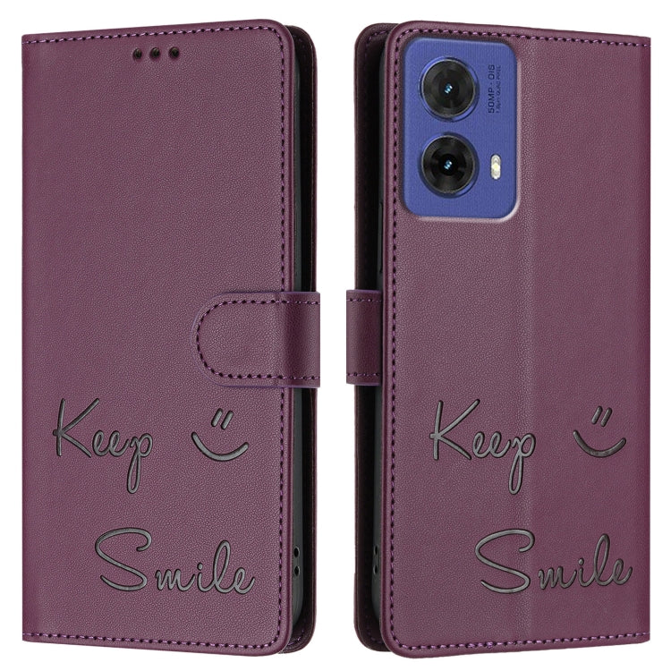 For Motorola Moto G85 Smile Embossing RFID Leather Phone Case