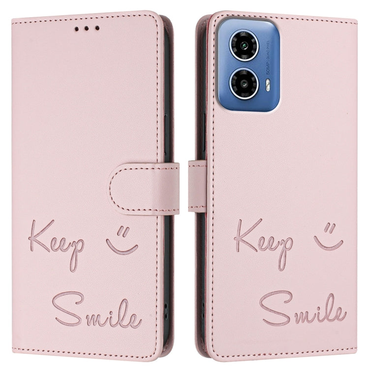 For Motorola Moto G34 Global Smile Embossing RFID Leather Phone Case