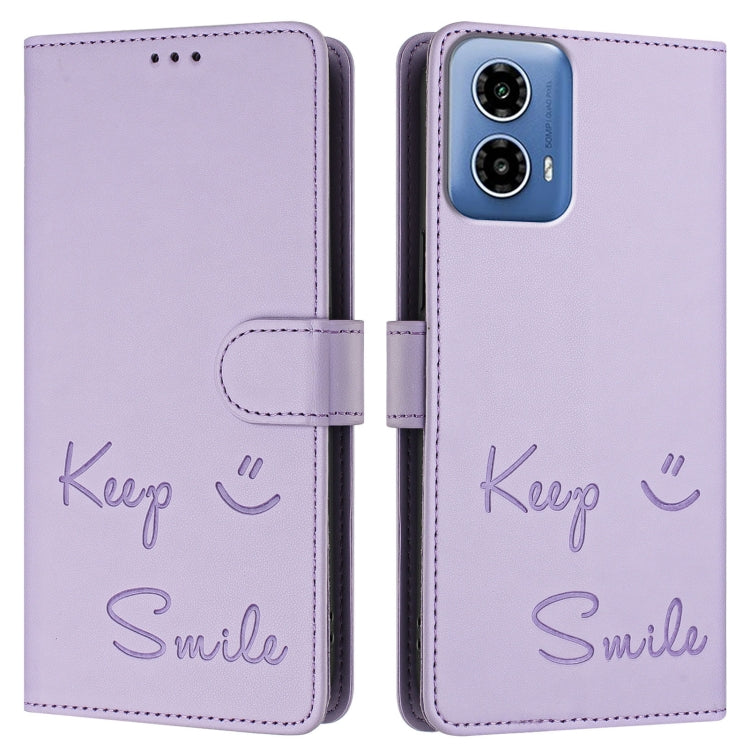 For Motorola Moto G34 Global Smile Embossing RFID Leather Phone Case