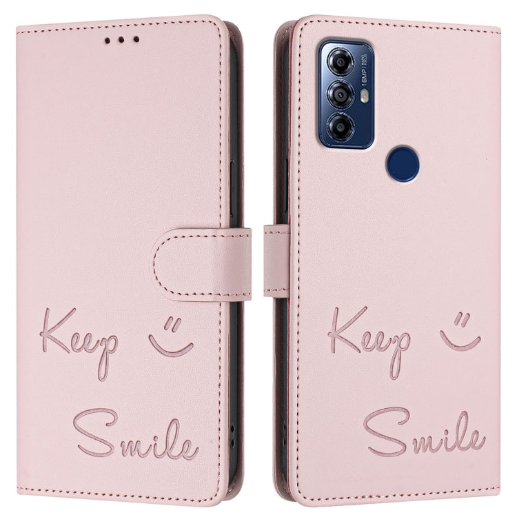 For Motorola G Pure/Moto G Play 2023 Smile Embossing RFID Leather Phone Case