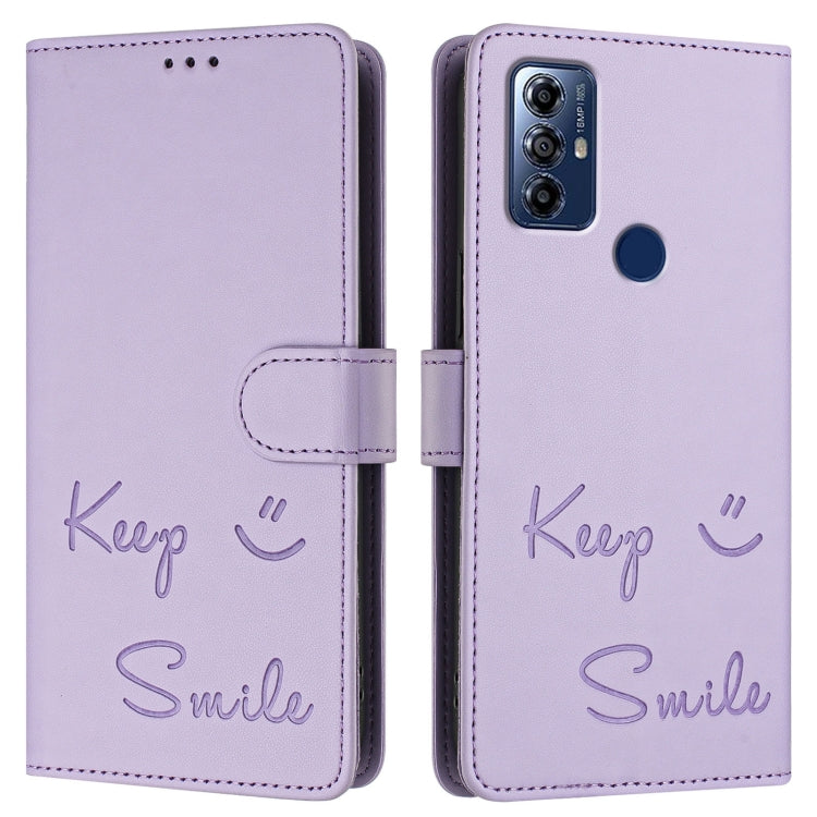 For Motorola G Pure/Moto G Play 2023 Smile Embossing RFID Leather Phone Case
