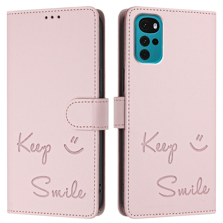For Motorola Moto E22s 4G Global Smile Embossing RFID Leather Phone Case