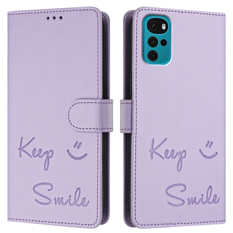 For Motorola Moto E22s 4G Global Smile Embossing RFID Leather Phone Case