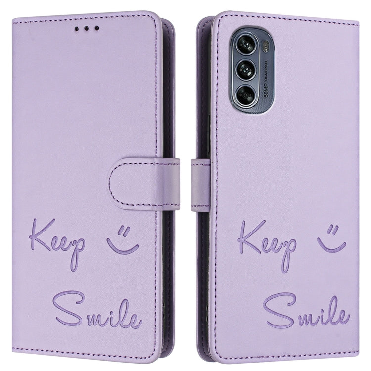 For Motorola Moto G62 5G India Smile Embossing RFID Leather Phone Case