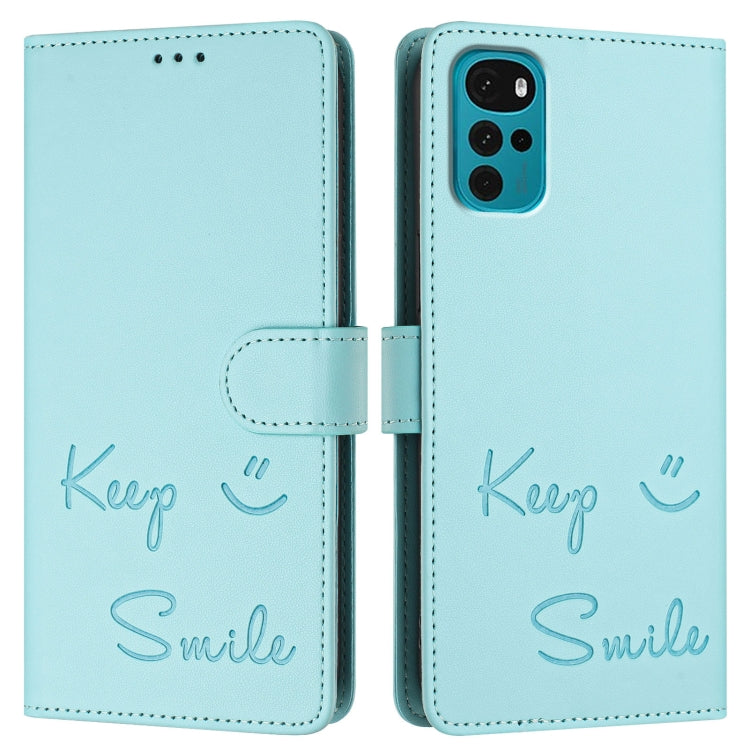 For Motorola Moto G22 4G/E32s Smile Embossing RFID Leather Phone Case