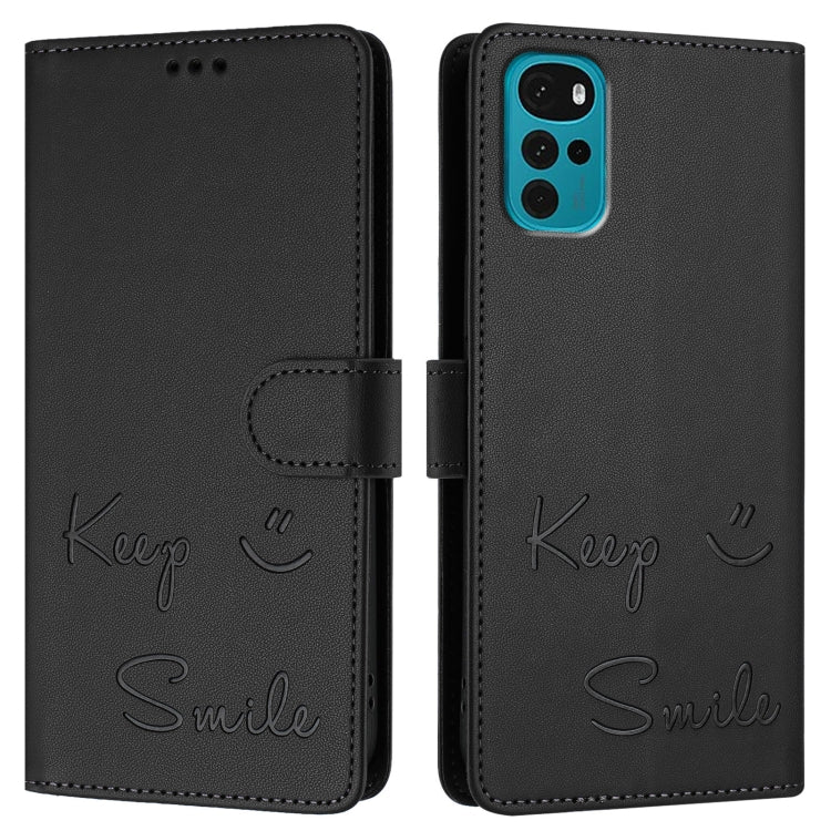 For Motorola Moto G22 4G/E32s Smile Embossing RFID Leather Phone Case