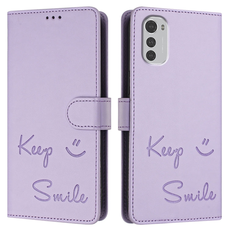 For Motorola Moto E32 4G Global Smile Embossing RFID Leather Phone Case