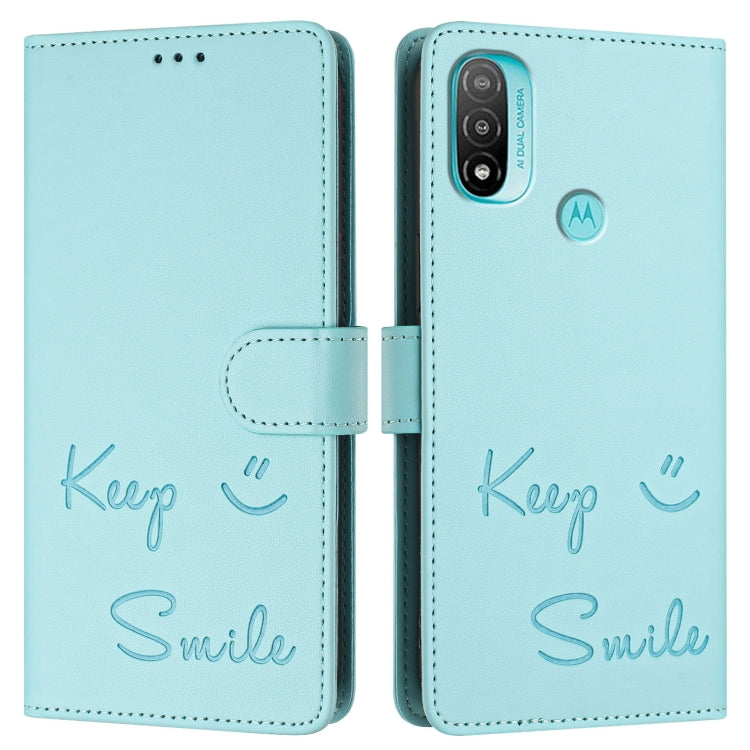 For Motorola Moto E20/E30/E40 Smile Embossing RFID Leather Phone Case