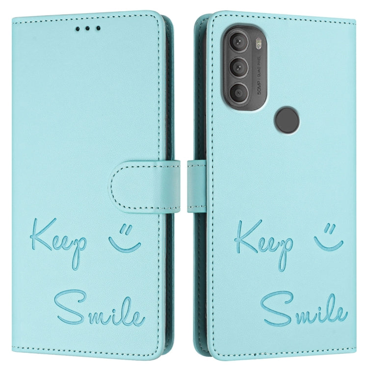 For Motorola Moto G71 5G Smile Embossing RFID Leather Phone Case