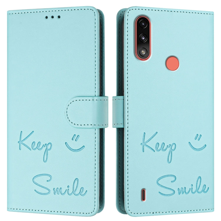 For Motorola Moto E7 Power Smile Embossing RFID Leather Phone Case