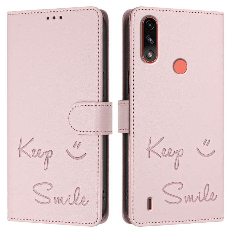 For Motorola Moto E7 Power Smile Embossing RFID Leather Phone Case
