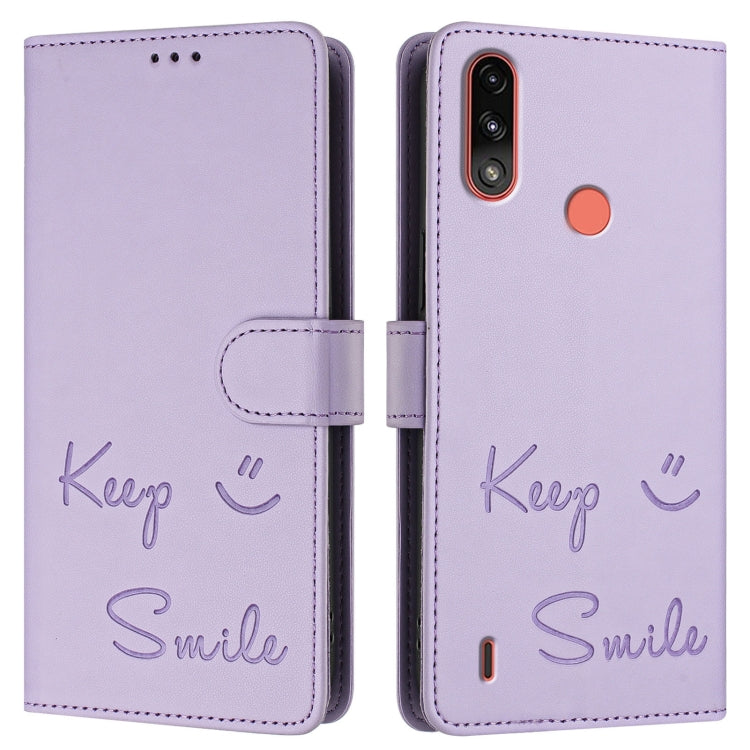 For Motorola Moto E7 Power Smile Embossing RFID Leather Phone Case