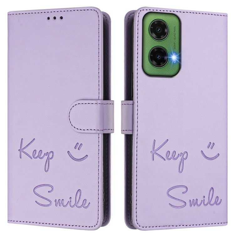 For Motorola Moto G35 Smile Embossing RFID Leather Phone Case