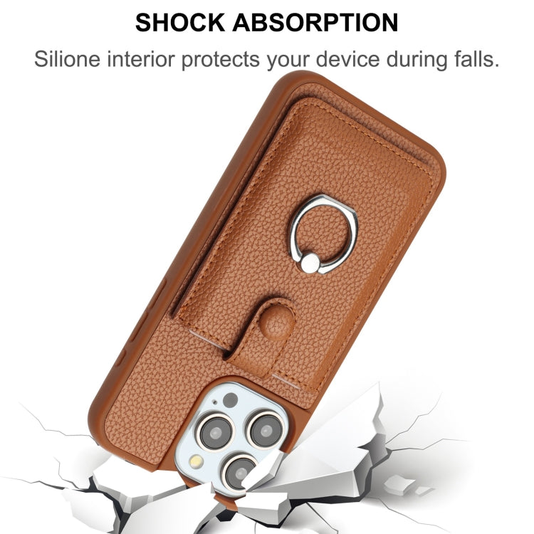 For iPhone 16 Pro Max Litchi Texture Drawing Card Bag Ring Holder Phone Case