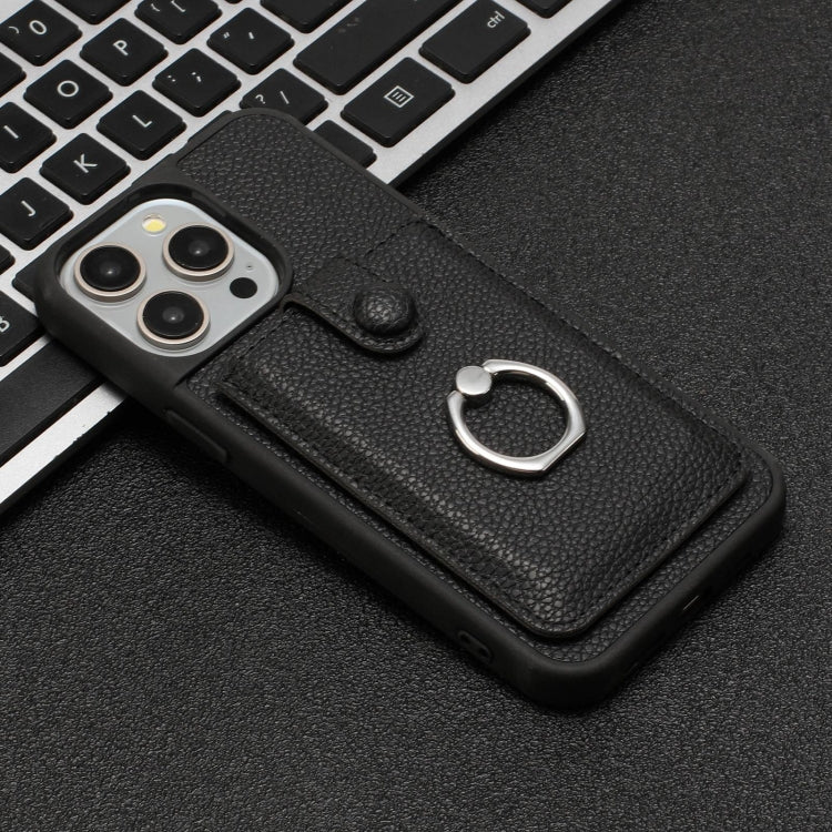 For iPhone 16 Pro Litchi Texture Drawing Card Bag Ring Holder Phone Case