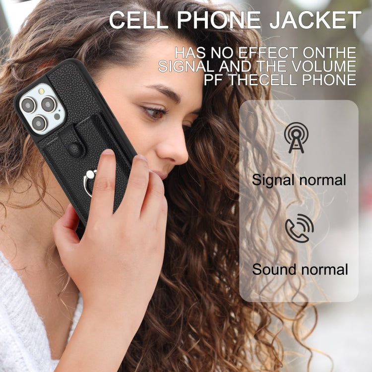 For iPhone 16 Pro Litchi Texture Drawing Card Bag Ring Holder Phone Case