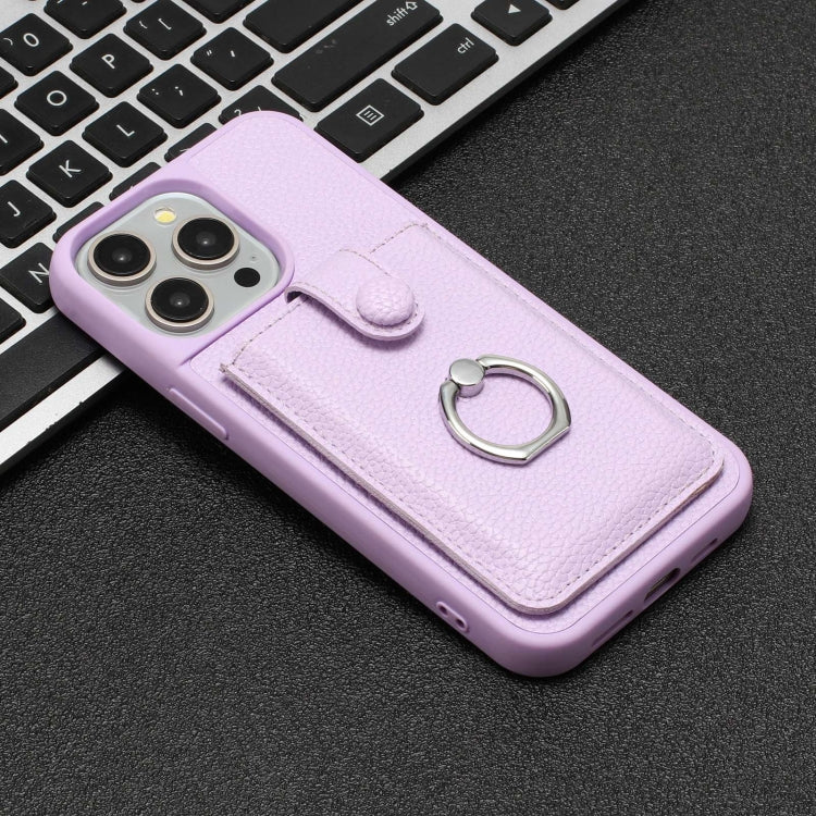 For iPhone 16 Pro Litchi Texture Drawing Card Bag Ring Holder Phone Case