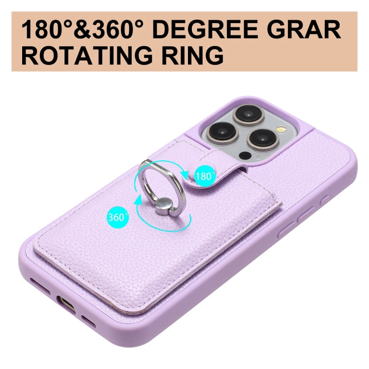 For iPhone 16 Pro Litchi Texture Drawing Card Bag Ring Holder Phone Case