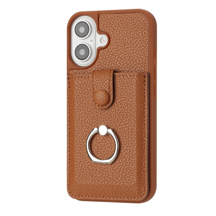 For iPhone 16 Litchi Texture Drawing Card Bag Ring Holder Phone Case