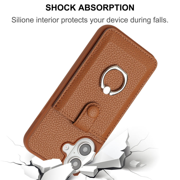 For iPhone 16 Litchi Texture Drawing Card Bag Ring Holder Phone Case