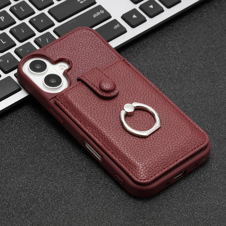 For iPhone 16 Litchi Texture Drawing Card Bag Ring Holder Phone Case