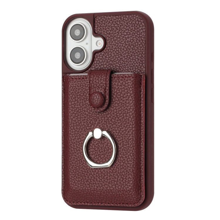 For iPhone 16 Litchi Texture Drawing Card Bag Ring Holder Phone Case