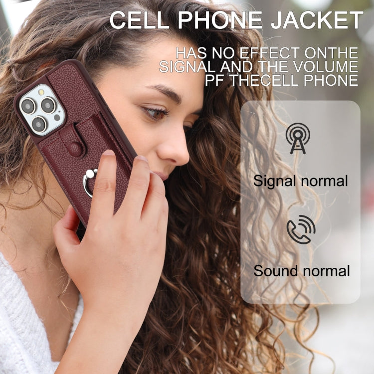 For iPhone 16 Litchi Texture Drawing Card Bag Ring Holder Phone Case
