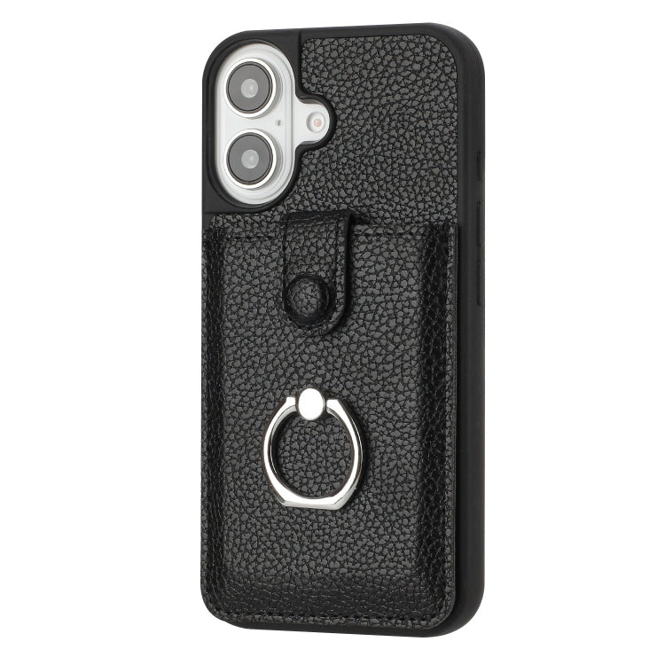For iPhone 16 Litchi Texture Drawing Card Bag Ring Holder Phone Case