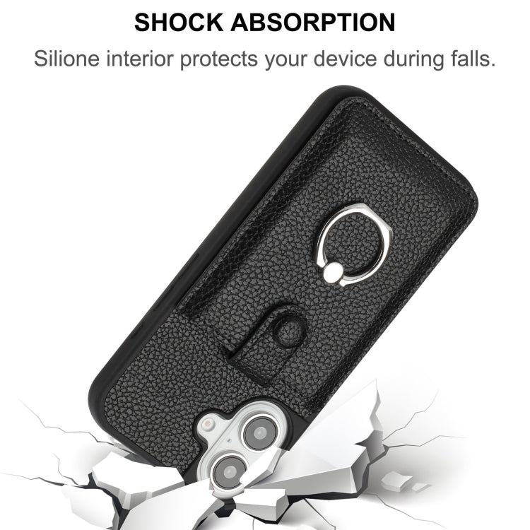 For iPhone 16 Litchi Texture Drawing Card Bag Ring Holder Phone Case