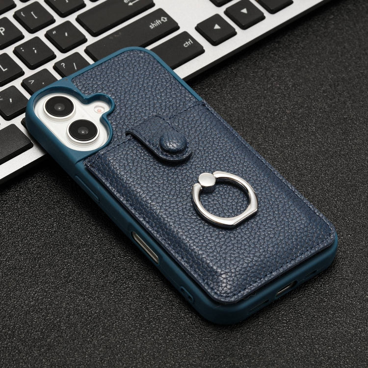 For iPhone 16 Litchi Texture Drawing Card Bag Ring Holder Phone Case