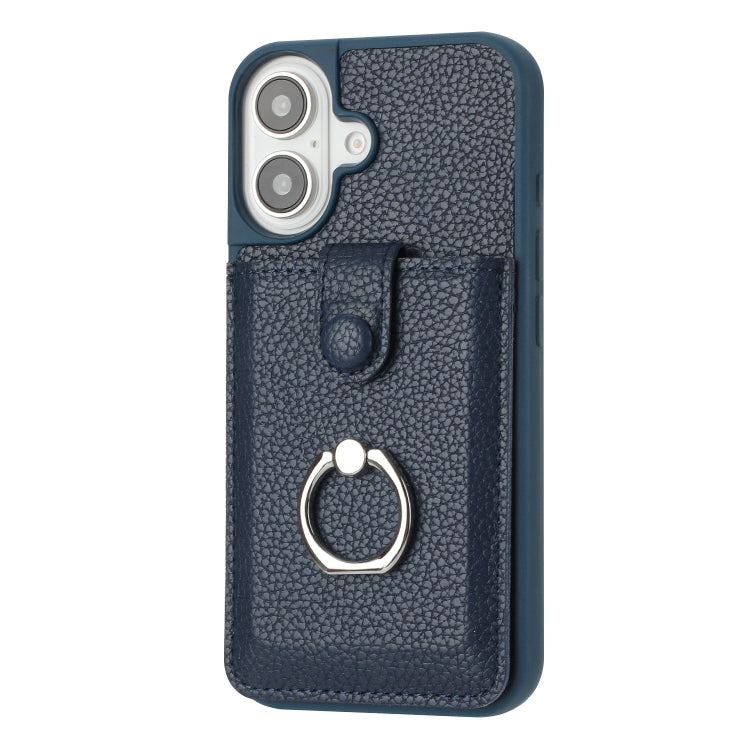 For iPhone 16 Litchi Texture Drawing Card Bag Ring Holder Phone Case