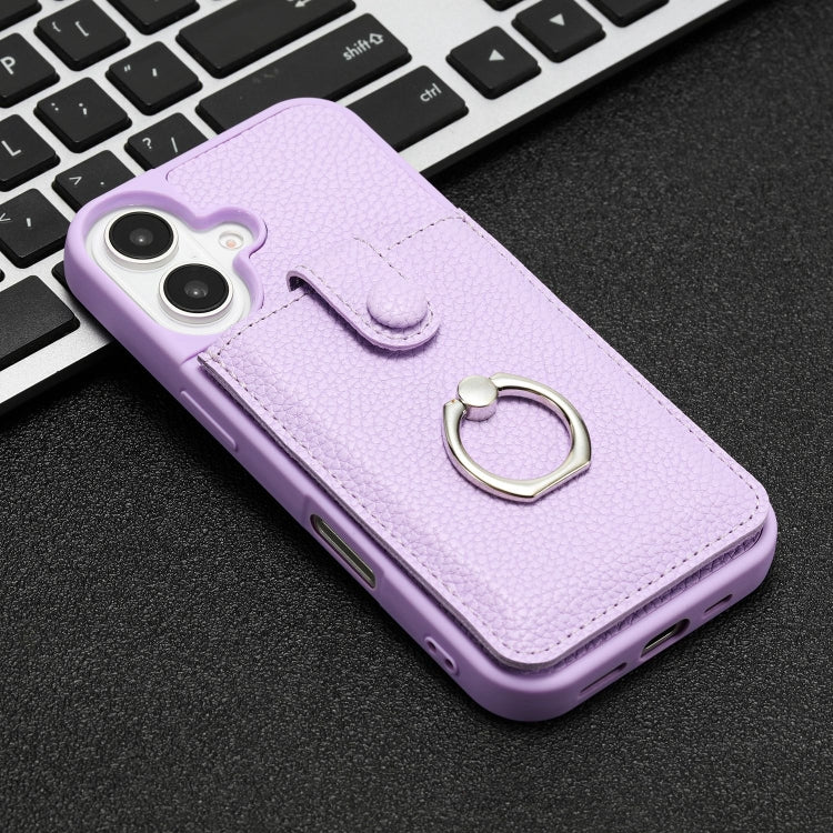 For iPhone 16 Litchi Texture Drawing Card Bag Ring Holder Phone Case