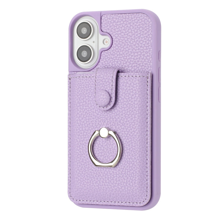 For iPhone 16 Litchi Texture Drawing Card Bag Ring Holder Phone Case