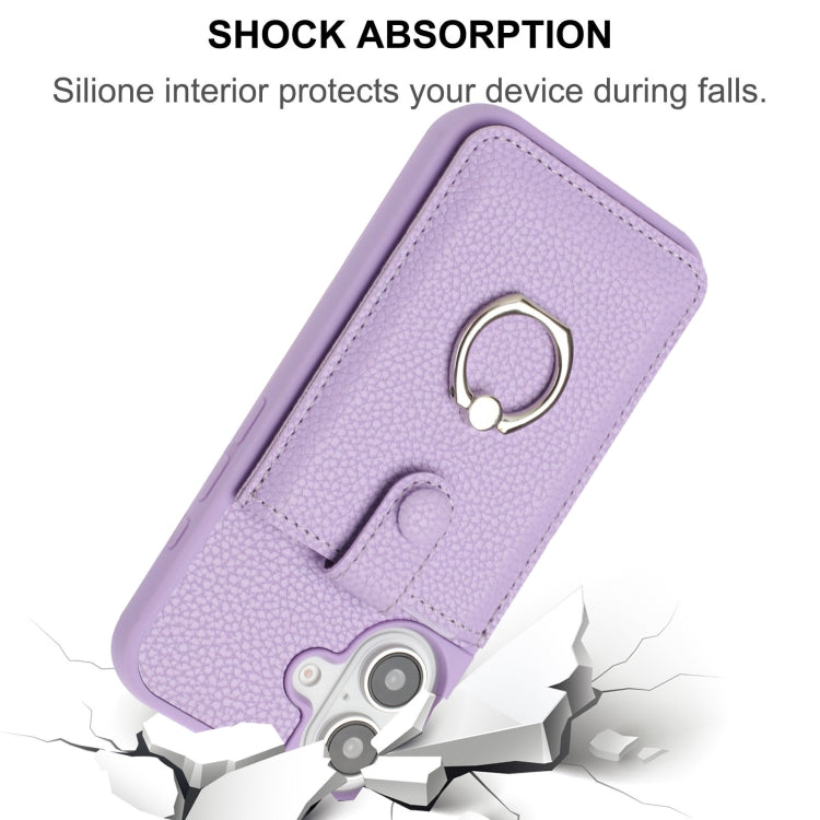 For iPhone 16 Litchi Texture Drawing Card Bag Ring Holder Phone Case