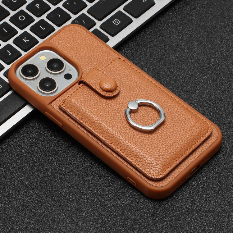 For iPhone 15 Pro Max Litchi Texture Drawing Card Bag Ring Holder Phone Case