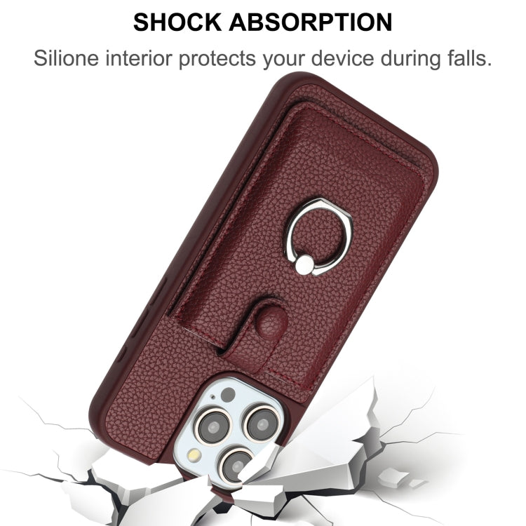 For iPhone 15 Pro Max Litchi Texture Drawing Card Bag Ring Holder Phone Case