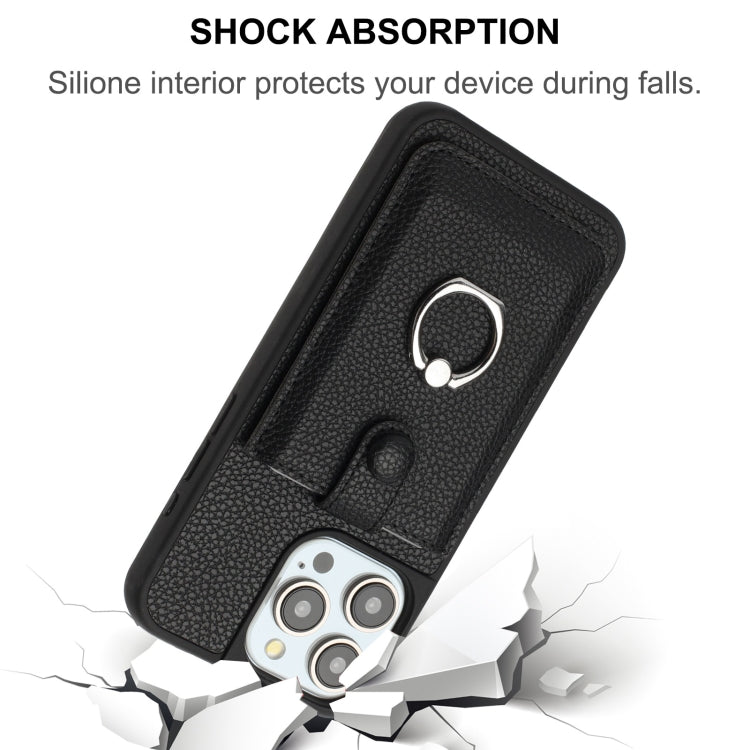 For iPhone 15 Pro Max Litchi Texture Drawing Card Bag Ring Holder Phone Case